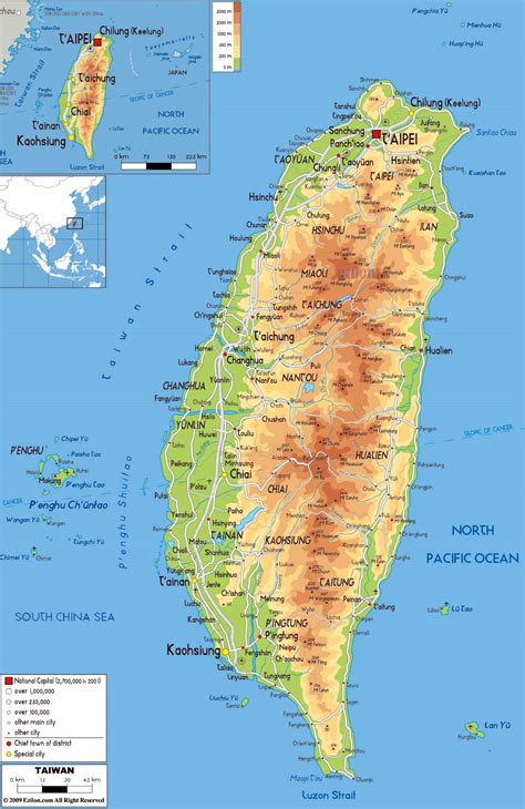 Large physical map of Taiwan with roads, cities and airports | Taiwan | Asia | Mapsland | Maps ...