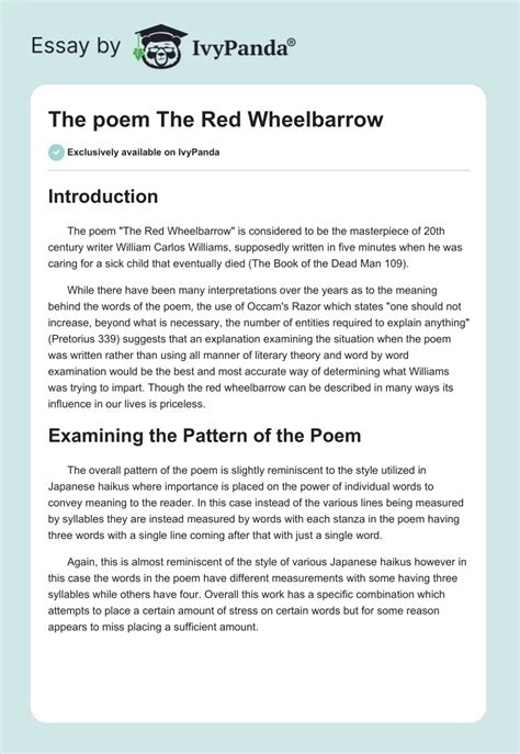 The poem "The Red Wheelbarrow" - 1060 Words | Critical Writing Example