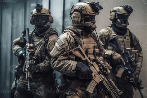 A military special force with futuristic tactical gear and weapons. Modern warfare infantry ...