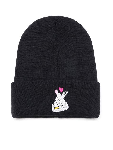 Black Embroidered Funny Beanie HatFor Women-romwe