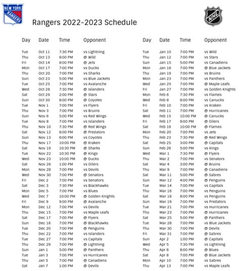 New York Rangers 2022-23 Season Schedule