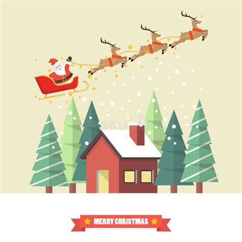 Santa Claus and His Reindeer Sleigh with Winter House Stock Vector ...