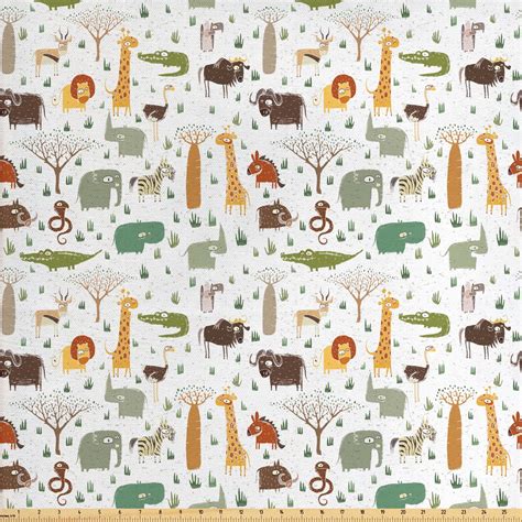 Cartoon Animal Fabric by The Yard, Grunge Savannah Fauna Childhood Theme Safari Funny Wildlife ...