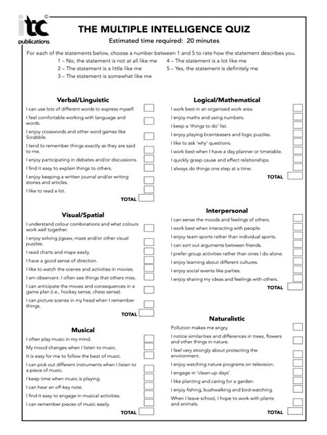 Multiple Intelligence Test Free Printable - Printable Form, Templates and Letter