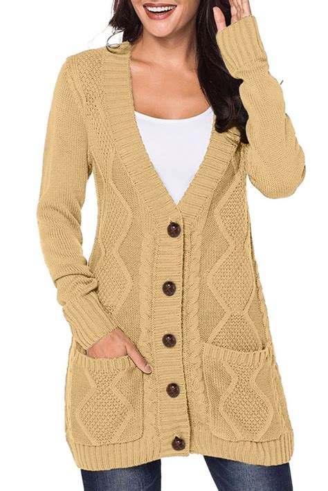 Hanna Women Front Button Down Long Sleeve Cardigan Sweater with Pockets Beige - Amber Millet