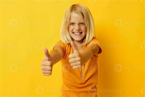 kid girl blonde straight hair posing smile fun color background ...