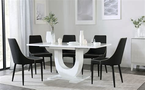 Oslo White High Gloss Extending Dining Table with 4 Modena Black Fabric Chairs | Furniture Choice