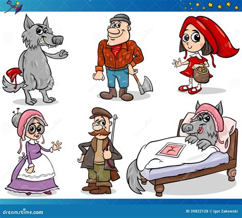 Set Of Characters From Little Red Riding Hood Fairy Tale Cartoon Vector ...