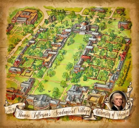 University of Virginia Academical Village Pictorial Campus Map Illustration