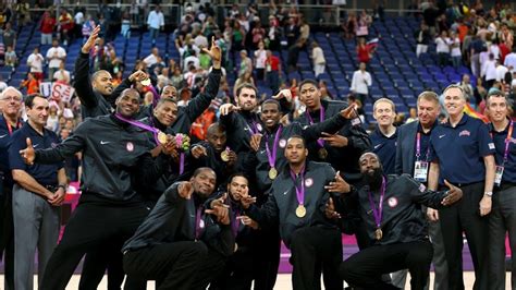 Gold medallists the United States pose following the Victory ceremony for the Men's Basketball ...