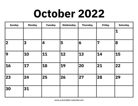 October 2022 Calendar - A Printable Calendar