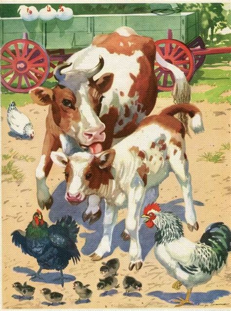 1940's Vintage Large Colorful Mother Cow, Calf, Chickens, Barnyard Il ...