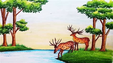 Deer Drinking Water in the Forest | Easy Scenery Drawing With Oil Pastels - YouTube