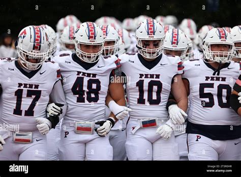 Penn Quakers players enter the field at the start of the NCAA football game against the Columbia ...