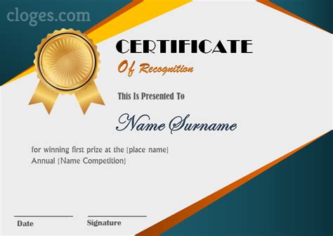 Blue Editable Certificate Of Recognition Word Template