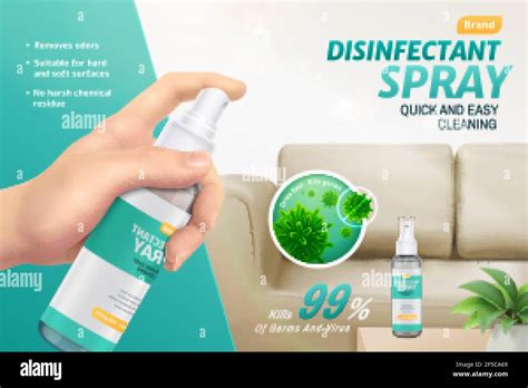 Disinfectant spray ad template in 3d illustration, bottle in hand ...