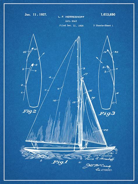 1927 Herreshoff Sail Boat Patent Print Blueprint Drawing by Greg Edwards - Fine Art America