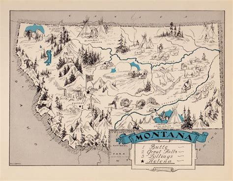 an old map of the state of montana with mountains and lakes in blue on it