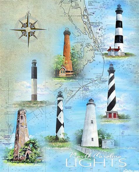 Lighthouses - NC Coastal Map - 36" x 44" PANEL | North carolina ...