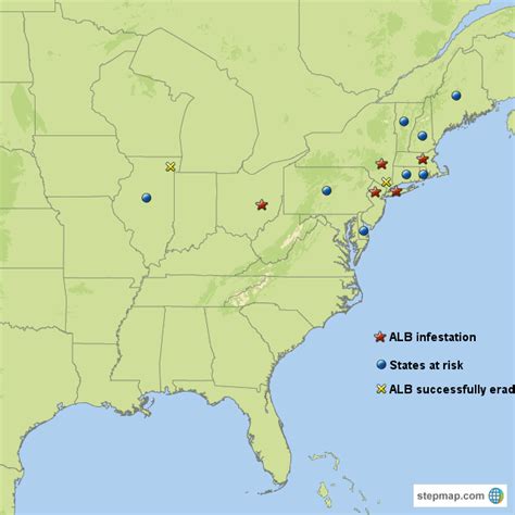 StepMap - Asian Longhorned Beetle Distribution - Landkarte für USA