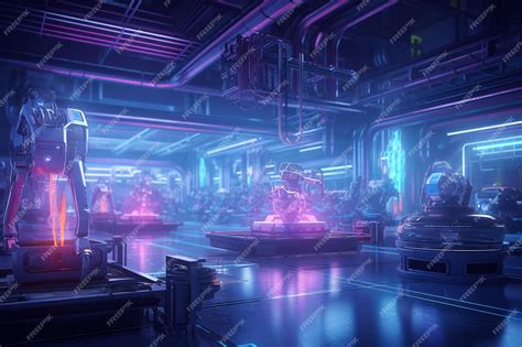 Premium AI Image | Futuristic science lab with glowing lab equipment and neon lights generative ai