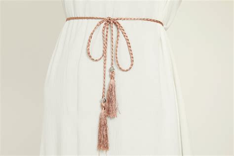 Sweet Blush Slim Plaited Rope Tassel Belt With Silver Beading