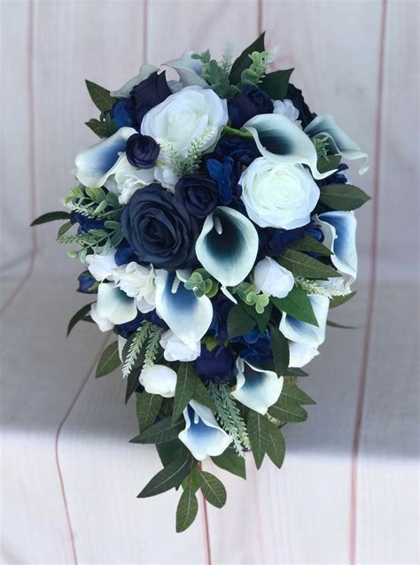 Bridal Bouquet, Cascade, Navy Blue Wedding Flowers, Silk Wedding Flowers, Navy Wedding, Cala ...