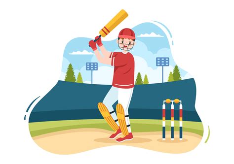 Batsman Playing Cricket Sports with Ball and Stick in Flat Cartoon ...