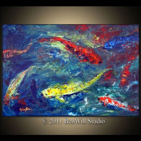 ORIGINAL Large Modern Abstract KOI FISH Pond Painting Blue