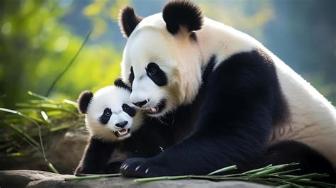 Premium AI Image | A panda bear and cub are playing together