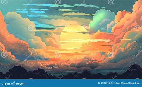 Illustrated Sky with Clouds, Sun, Stars, and Sunrise or Sunset. Artistic Digital Drawing ...