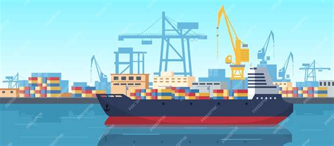 Premium Vector | Cartoon cargo dock industrial sea shipping port vector ...