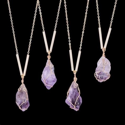 Qilmily Handmade Natural Stone Pendant Necklace for Women Drusy Crystal Clear Purple Quartz ...