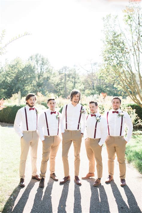 Burgundy suspenders and bow ties | Groomsmen attire suspenders, Wedding ...