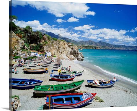 Spain, Andalusia, Nerja, Balcon de Europa, beach near Nerja town Wall ...