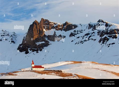 Vík church at the village Vík í Mýrdal in winter, Iceland Stock Photo ...