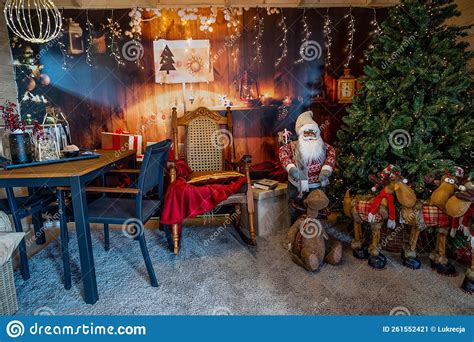 Christmas Santa Claus House Decoration with Reindeer Stock Image ...