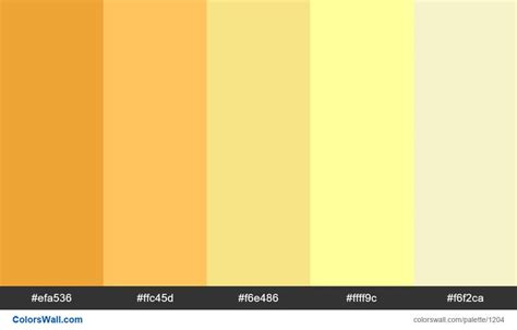 Yellow shades palette. HEX colors #efa536, #ffc45d, #f6e486, #ffff9c, #f6f2ca. Brand original ...