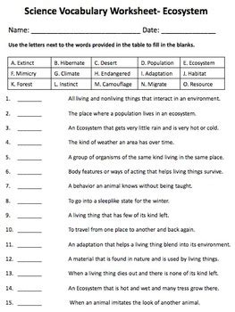 Science Worksheet - Ecosystem Vocabulary Worksheet by Think Learn Blossom