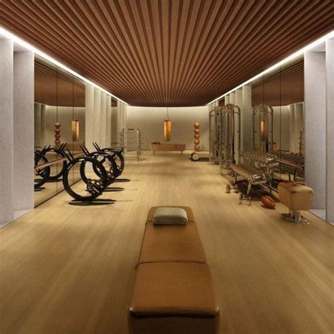 Fitness center, wood slat ceiling, perimeter linear light | Fitness thuis, Sportschool ontwerp ...