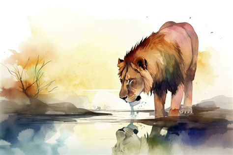 A lion drinking from a river at sunset watercolor painting, beautiful ...