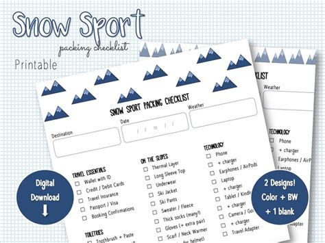 Snow Sport Vacation Packing Checklist Mountain - Etsy