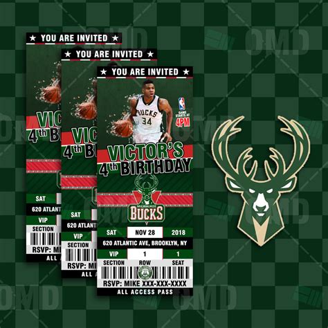 Milwaukee Bucks Ticket Style Sports Party Invitations – Sports Invites