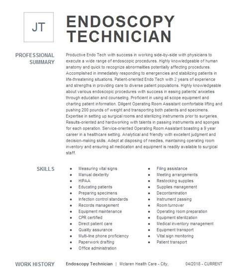 Endoscopy Technician Resume Example