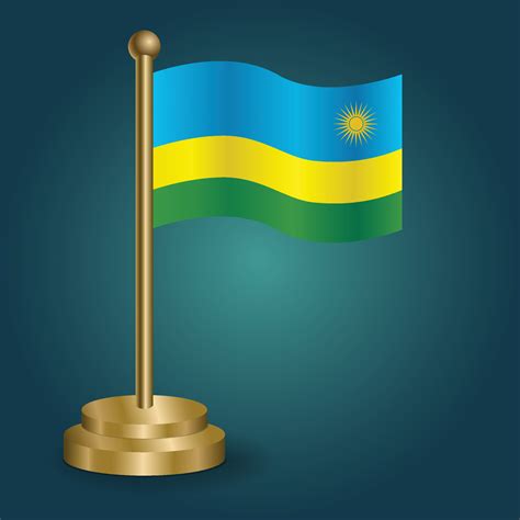 Rwanda national flag on golden pole on gradation isolated dark background. table flag, vector ...