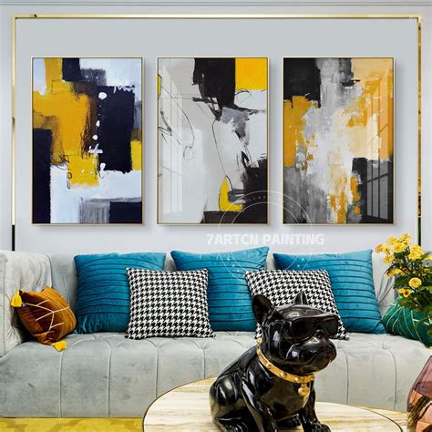 Set of 3 Frame Wall Art Abstract Acrylic Painting on Canvas Black Yellow Color Abstract Acrylic ...