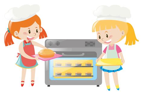 Two girls baking pie in oven 369447 Vector Art at Vecteezy