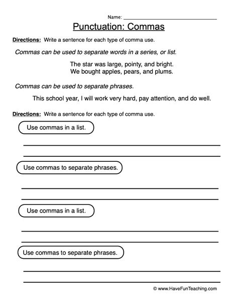 Commas Punctuation Worksheet by Teach Simple