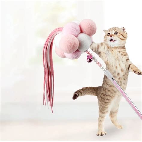 Cat Feather Toys Interactive Teaser Wand Toys with Bells and Pompon Plush Balls Cat Wand Toy new ...