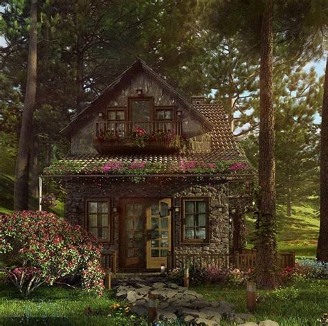 perfectly picturesque cabin in the woods, rounded stone, tile roof ...